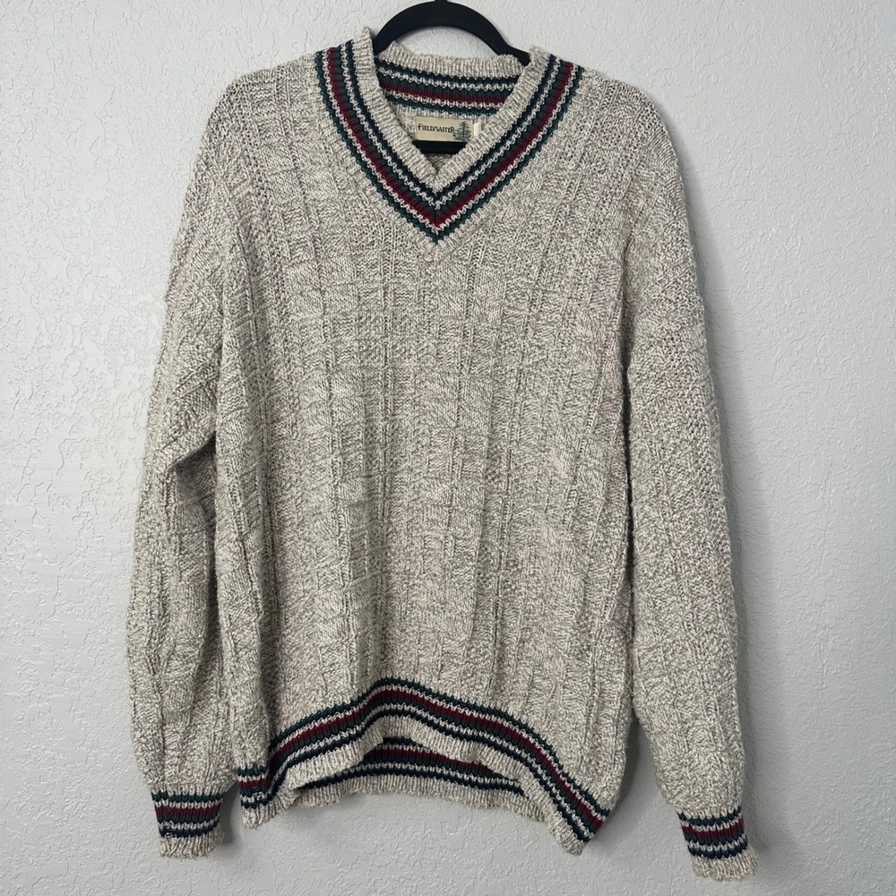 FIELDMASTER vintage Mens Sweater XL Cream Cable Knit V‎ Neck Striped Trim Cotton